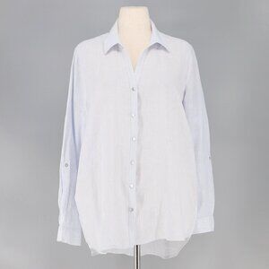 TAHARI 100% Linen Navy Striped Front Button Roll Tab Shirt Size XL